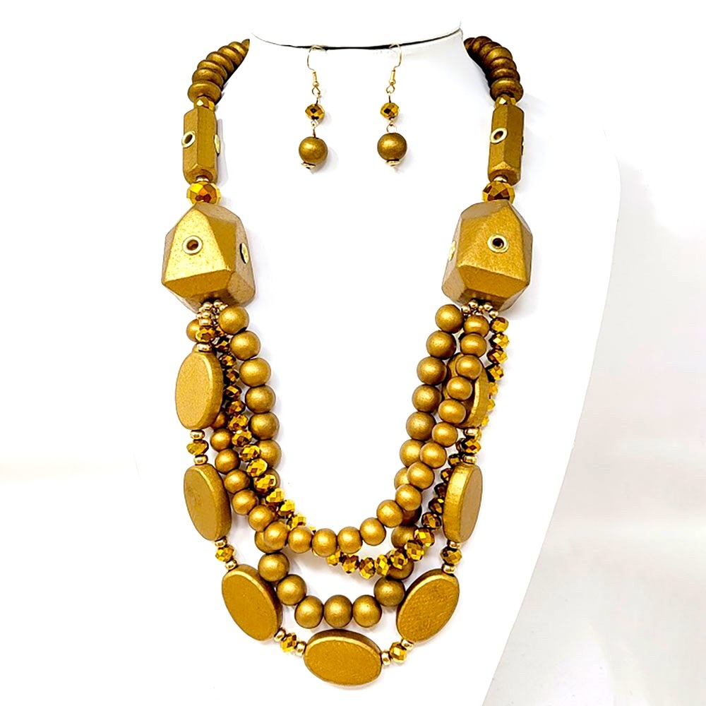 Oversized Brown & Gold Wooden Abstract Statement Necklace Set